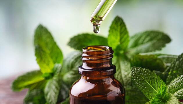 Peppermint Essential Oil Dropping From A Pipette Into An Amber Bottle Near Fresh Mint Leaves Representing Natural Aromatherapy And Wellness