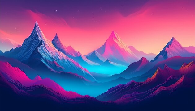 A Mystical Mountain Range Bathed In Pink And Blue Hues