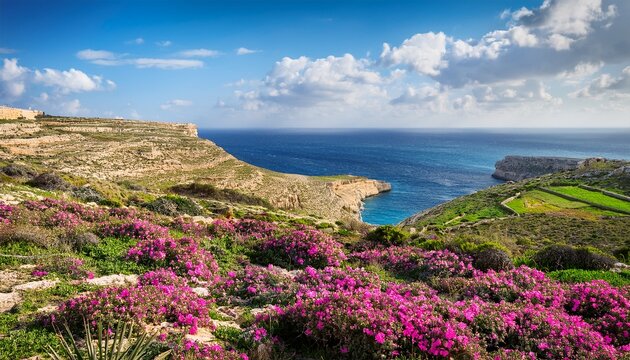 Scenic Maltese Coastal Landscape With Wild Pink Flowering Shrubs On Green Hillside Blue Sea And Cloudy Sky In Background Bright Natural Daylight