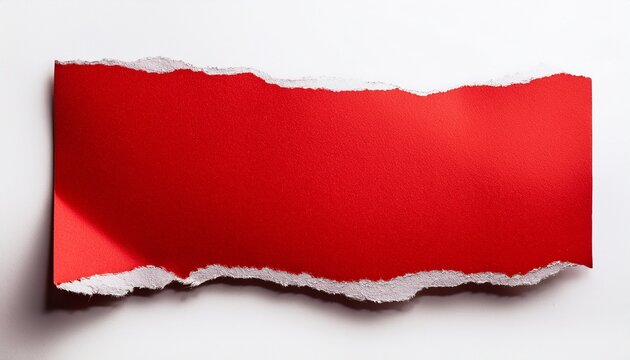 Torn Piece Of Bright Red Paper With Rough Uneven Edges Isolated On A Plain White Background Surface