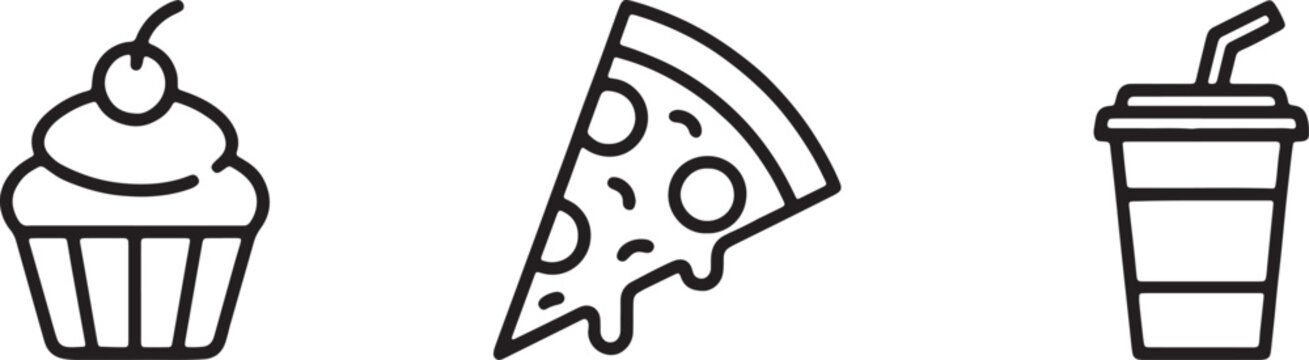 Set of linear food icons featuring cupcake slice of pizza and takeaway drink