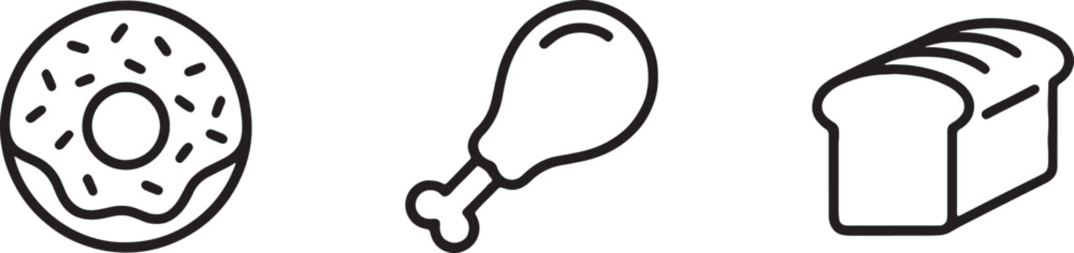 Collection of outline food icons including donut fried chicken leg and bread