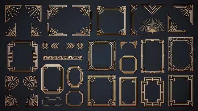 Vintage Geometric Ornament Collection A comprehensive set of golden art deco inspired geometric ornament elements, including corner designs, dividers, and decorative frames. 