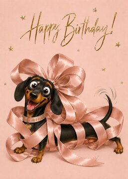 Happy Dachshund Wrapped Inside Giant Satin Ribbon Birthday Greeting Card Illustration