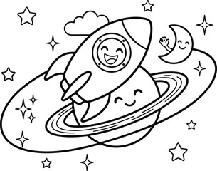 Cute spaceship flying around a smiling saturn coloring page vector with spaceship coloring children © Abul