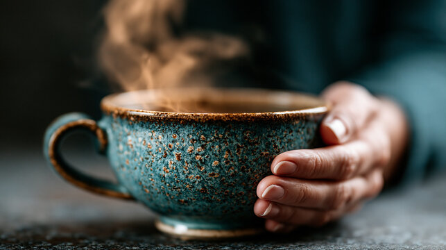 Person holding a steaming ceramic mug of warm beverage on a dark background