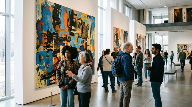 Visitors and artists gathering to view large framed abstract paintings during a modern art gallery opening event