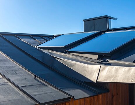Modern house roof with skylight window and standing seam metal roofing