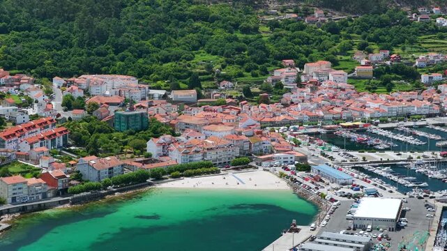 Aerial View Above the Historic Fishing Village and Harbor of Muros, Galicia, Spain