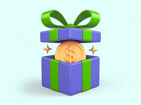 Open purple gift box with a shiny gold dollar coin inside for financial savings and bonus concept
