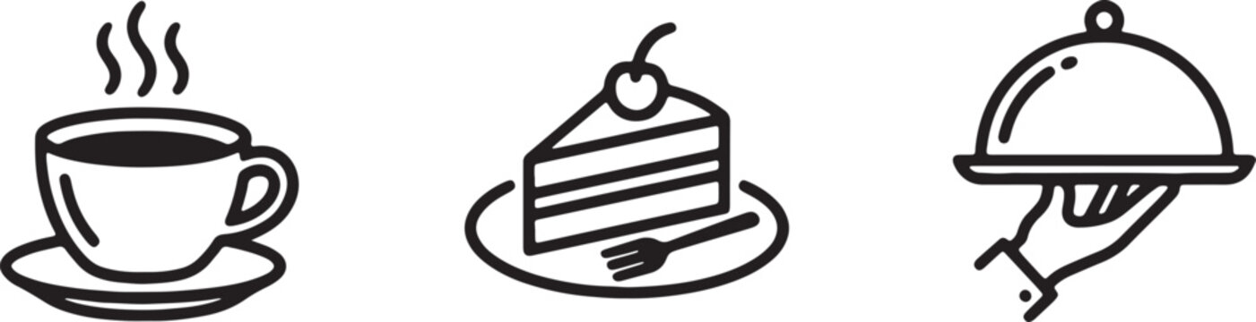 Dining icons set showing hot coffee cup slice of cake and serving cloche