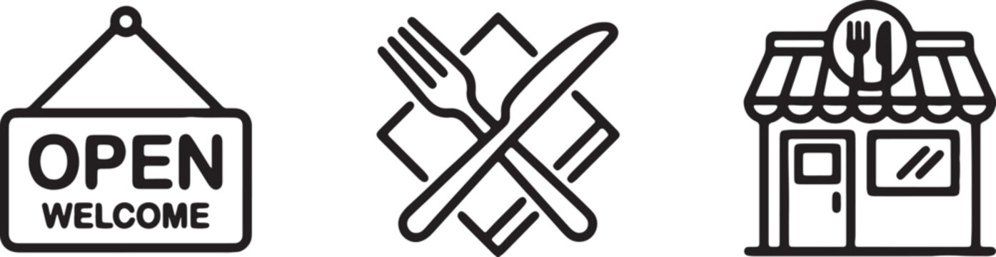 Linear restaurant icons set open sign cutlery and small shop building exterior