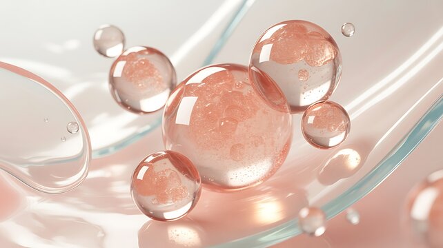 Microscopic view of collagen molecules realistic color icons set. Serum bubbles for skincare cosmetics 3d objects bundle on pink background
