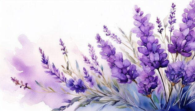 a detailed watercolor painting featuring lavender flowers on a clean white background the delicate purple flowers are intricately depicted with soft brushstrokes banner copy space.jpg