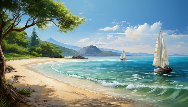 oil painting of a tranquil coastal landscape with a wide sandy beach green trees calm ocean distant hills and a sailboat.jpg