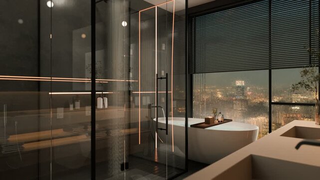 Modern bathroom CGI render with rain-soaked window and turned on shower