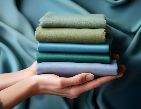 a hand holds various textiles in soothing blue and green hues symbolizing comfort and creativity ideal for showcasing the tactile nature of fabric in design.jpg