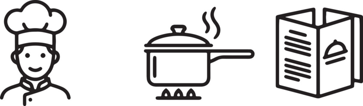 Kitchen and professional chef icons showing cooking pot and food menu booklet