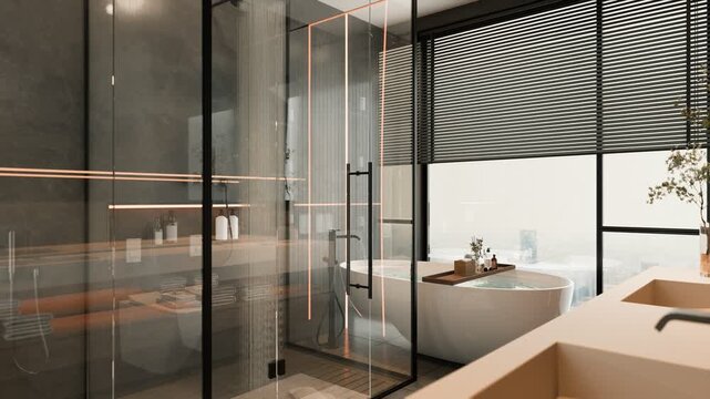 Modern bathroom with black framed glass shower and freestanding tub