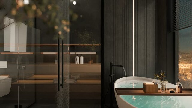 Modern bathroom with flowing bathtub water and elegant design