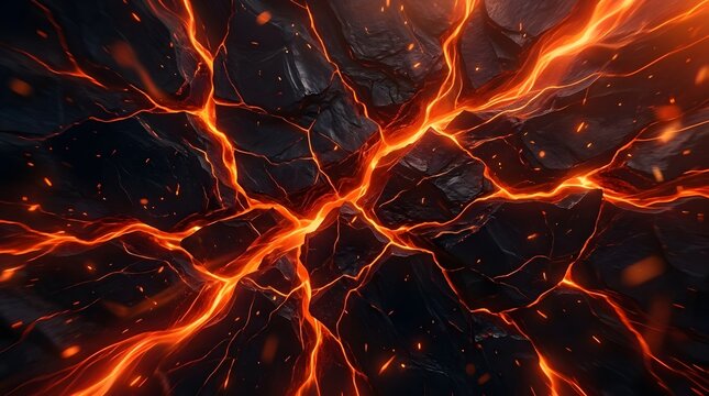 Abstract close-up of fractured dark volcanic rock with glowing orange magma flowing through deep fissures and floating embers, representing magmatic energy and geological heat.