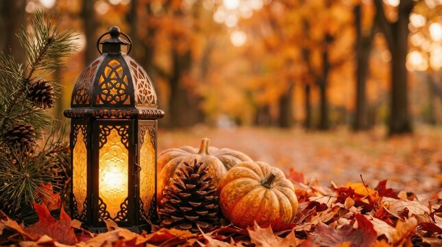 Warm thanksgiving background with lantern pumpkins and autumn leaves festive fall scene