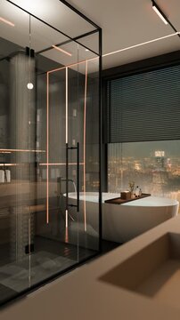 Modern bathroom with rainfall shower and freestanding bathtub at night