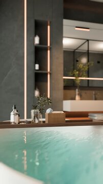 Modern bathroom with filled white bathtub and decorative tray
