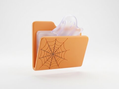 Orange computer folder icon with a black spider web design and a small ghost peeking out for halloween theme