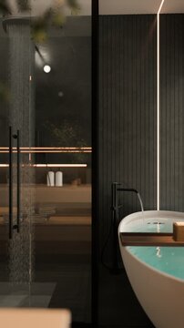Modern bathroom with freestanding tub and rain shower in dark design