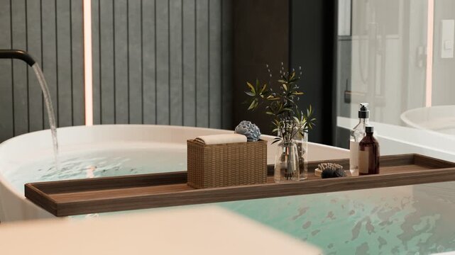 Modern minimalist bathroom bathtub with flowing water and wooden tray