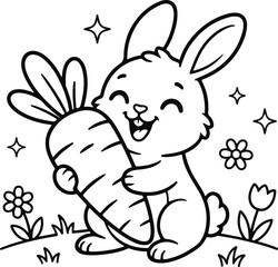 Adorable rabbit holding a carrot coloring page vector illustration with coloring illustration children