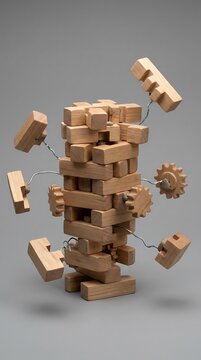 Unstable wooden blocks tower with pieces falling apart.