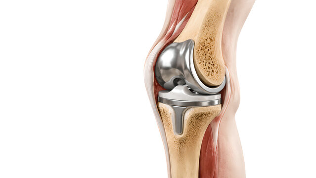 Total knee replacement with tibial baseplate implant in a photorealistic anatomical cutaway of the knee joint on white background for orthopedic surgery, healthcare, and patient education