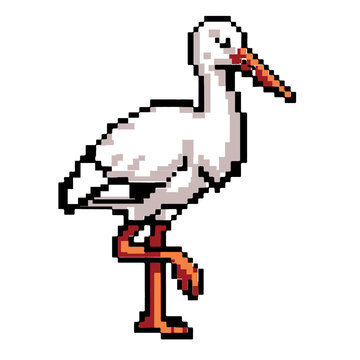 Retro Pixel White Stork Icon &ndash; 8-Bit Pixel Art Vector Graphic Design