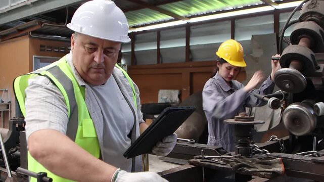 Industrial senior engineer supervisor foreman with tablet operate machine together with Asian female worker at manufacturing metal factory. Two workers in safety suit and helmet working with machinery