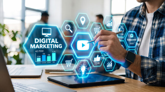 Professional Digital Marketing Specialist Analyzing Online Advertising Performance and Growth Metrics Using Advanced Technology