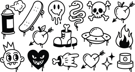 Graffiti Doodle Line Art Set with Skull Snake Skateboard Melting Smiley UFO Heart Apple and Flame Black and White Vector © MdJillur