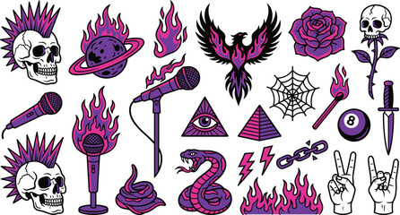 Purple Punk Rock Tattoo Icon Set with Skull Mohawk Phoenix Rose Microphone Snake Fire Spider Web Dagger and Peace Hand © MdJillur