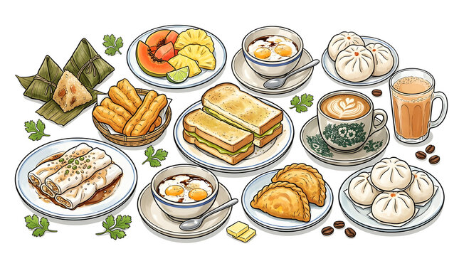 Southeast Asian Breakfast and Dim Sum Illustration Set on White Background