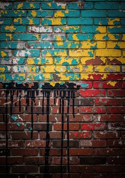 Weathered brick wall displays layers of peeling paint and dark stains, creating a harsh and gritty urban texture for a raw background look, rugged, unrefined, grit