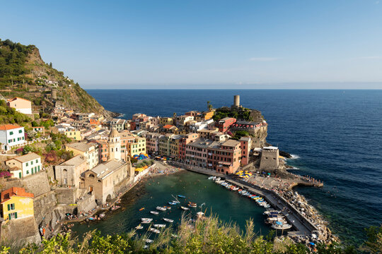 Sunny summer day at fishing village Vernazza, Cinque Terre, Liguria, Italy. Landscape photography