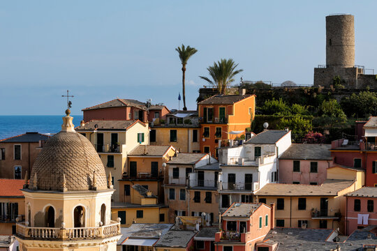 Colorful Vernazza village with church tower, Cinque Terre, Italy.