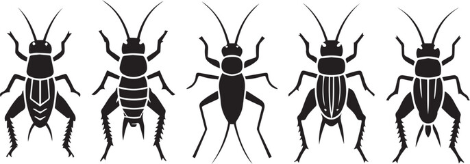 Black cricket insect silhouettes set, 5 cricket vector icons, minimalist bug and grasshopper illustrations for pest control and nature design © Adnan