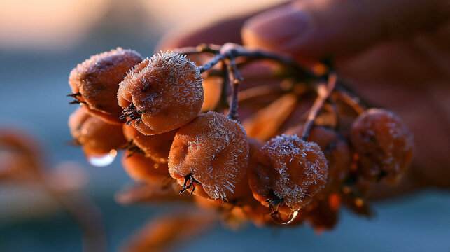 Human hand holding a cluster of frozen berries with frost crystals, botanical