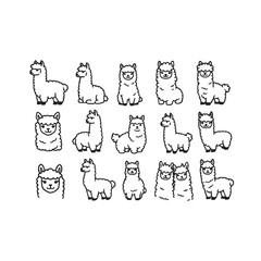 Fototapeta premium Kawaii alpaca line art collection, cute llama character icons set, minimalist black and white animal doodles, 15 vector llama illustrations
