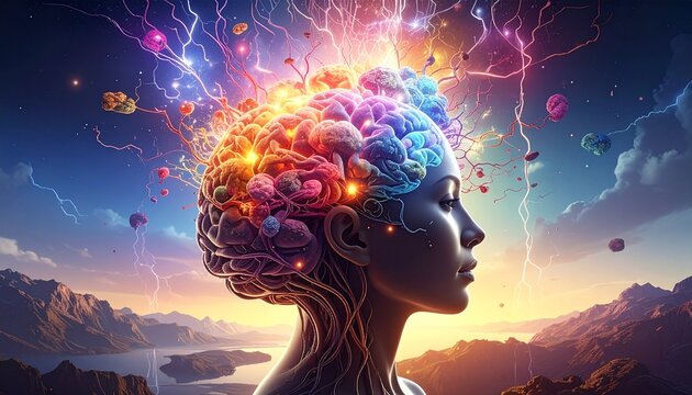 Vibrant Human Brain with Cosmic Energy and Mountain Landscape.