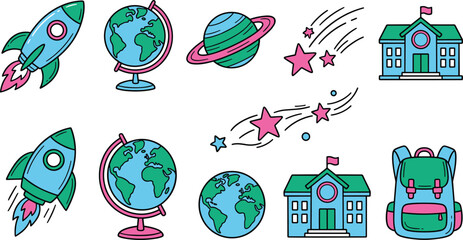 School Space Icon Set with Rocket Globe Planet Saturn Shooting Star School Building and Backpack Vector Illustration Collection © MdJillur
