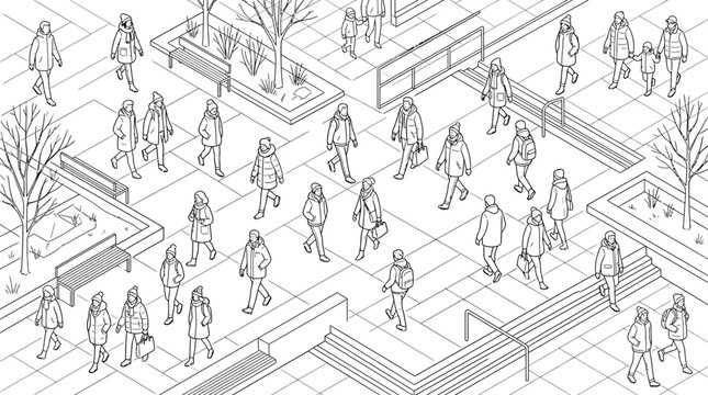 diverse group of people walking on an urban street a detailed isometric line art illustration of daily city life in winter