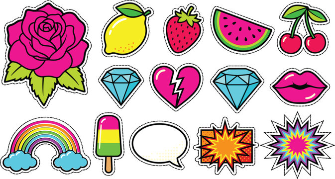 Pop Art Sticker Set with Rose Fruit Diamond Heart Rainbow and Comic Burst Vector Illustration Bundle